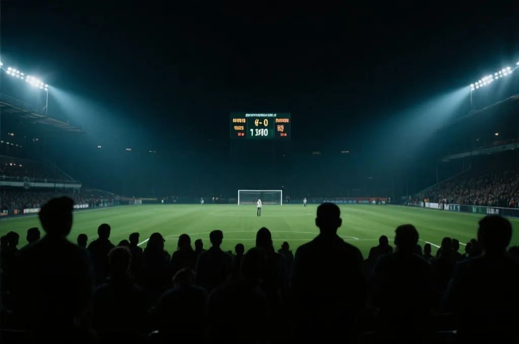 球场夜景与记分牌，呈现绝杀与点球大战氛围